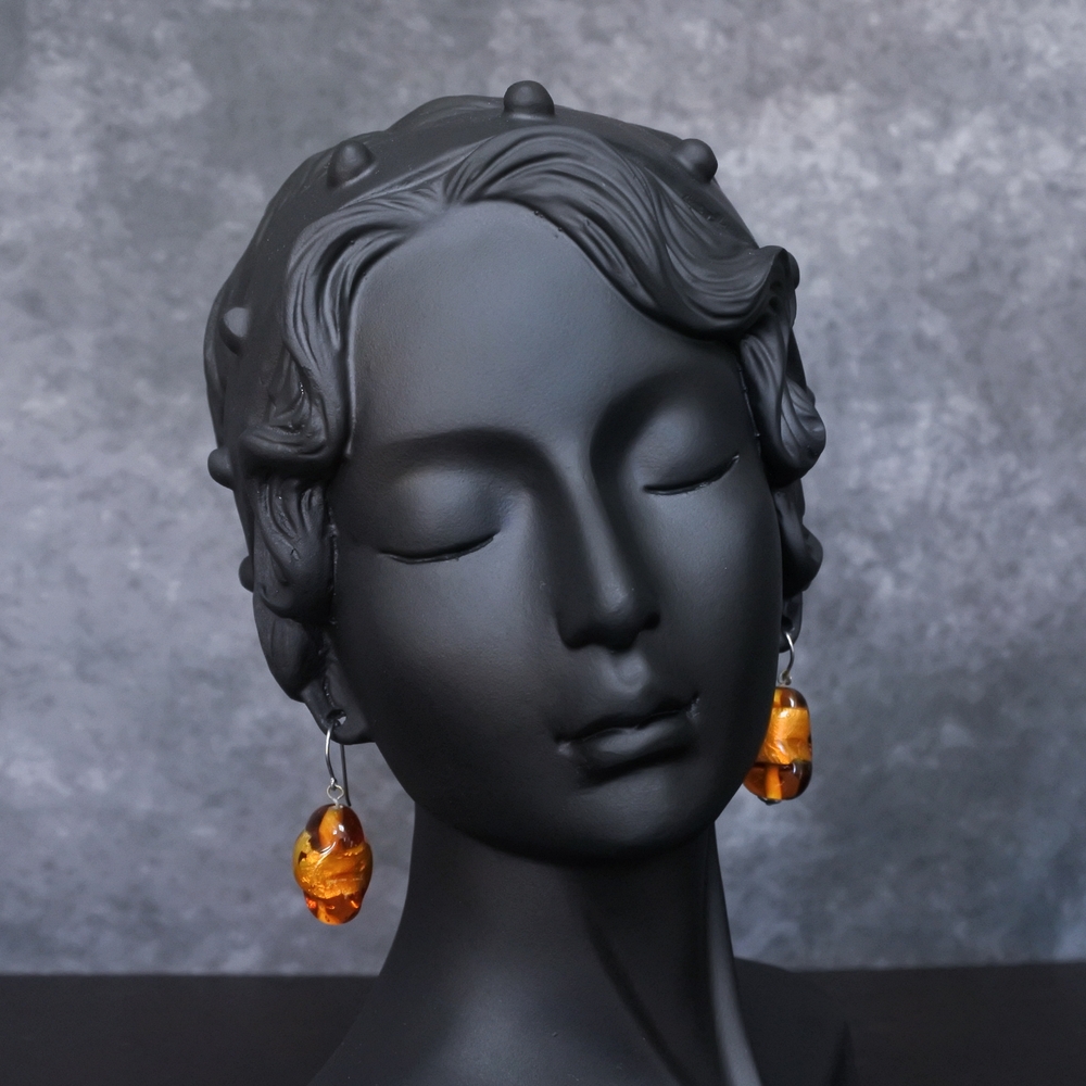 Vintage Artisan Hand Blown Amber Glass Drop French Hook Earrings